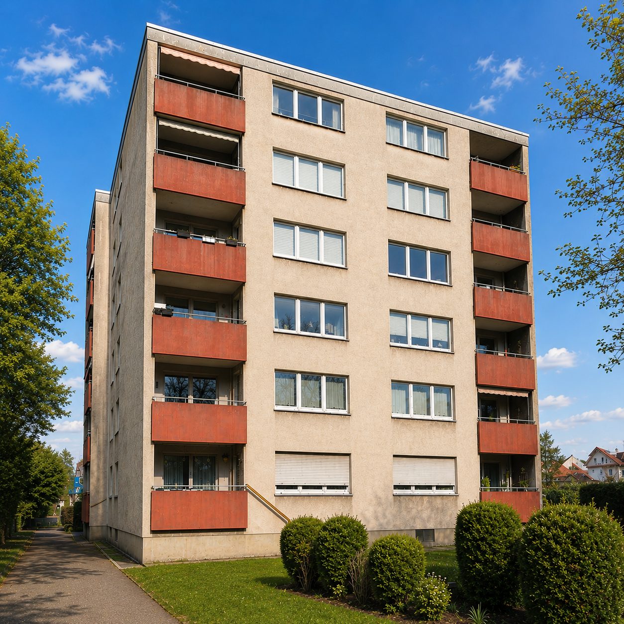 Mehrfamilienhaus mit markanten roten Balkonen